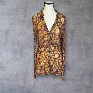 Free People Lucky Shirtee Sheer Blouse Womens M Ruching Cosmo Paisley Mesh Retro